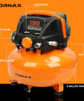 Built Like A Bulldog Six Gallon Pancake Air Compressor With Dual Quick Connect Couplers One Fifty Psi Oil Free Electric Engine showing tank gauge and safety valve.