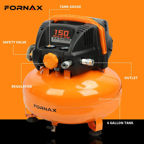 Built Like A Bulldog Six Gallon Pancake Air Compressor With Dual Quick Connect Couplers One Fifty Psi Oil Free Electric Engine showing tank gauge and safety valve.