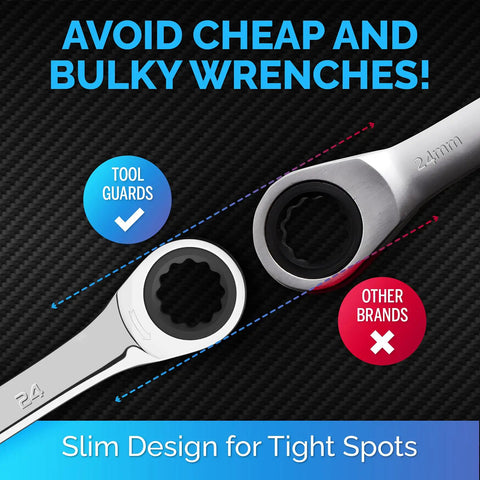 Comparison of slim 24 mm Ratcheting Wrench Set With Slim Profile 24 Mm Chrome Vanadium Steel and bulky wrench.