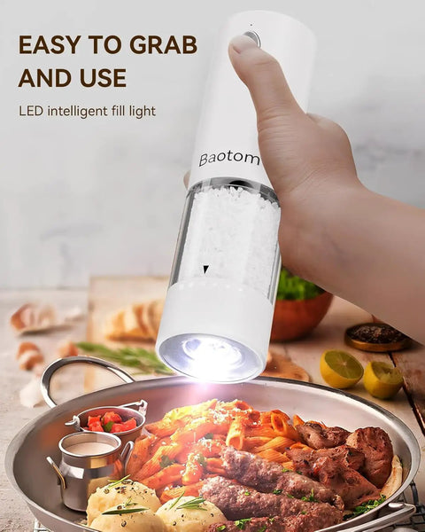 Upgraded Electric Salt And Pepper Grinder Set With Dual Charging Base, Rechargeable Operation Eliminates Frequent Battery Replacement For Eco Friendly Convenience In Your Home Kitchen Setup Today, hand-held, LED light, with salt inside.