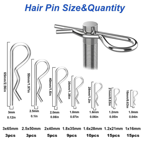 135 Piece Cotter Pin Set 13 Sizes 304 Stainless Steel Assortment Kit with size chart and quantities displayed.