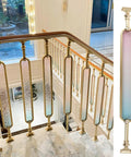 Gold Aluminum Stair Balusters With Tempered Glass Sleek Deck Post Railing No Sweat Install Staircase Rail Replacement 10 Pack 33 5 Inch in modern home setting.