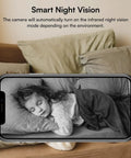 Phone displaying Wireless Light Bulb Security Camera With Pan Tilt 360 Degree View 2.4GHz WiFi Indoor Outdoor Night Vision And Two Way Audio Easy E27 Bulb Base Setup 1080P HD Surveillance, showing night vision of a child sleeping.