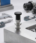 Dead Nuts Accurate Stainless Steel Threaded Indexing Plunger Two Pack M6 Reset Pin with Flange in a metal fixture for secure locking.
