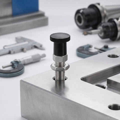 Heavy Duty Stainless Steel Spring Loaded Indexing Plungers With Comfort Grip Knobs Non Locking Retractable Pins For Machinery Jigs M6 Thread 4mm Shaft 2 Pack Built Tough Smooth Glide Action installed in a metallic fixture.