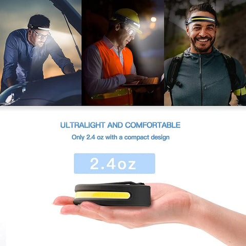 Two Pack Rechargeable Headlamp With 230 Degree Wide Beam LED Light, shown being held and worn during outdoor activities