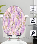Elongated Wisteria Lilac Pretty Bright Floral Botanical Toilet Seat with metal hinges, placed on a white toilet, easy to install.