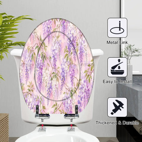 Elongated Wisteria Lilac Pretty Bright Floral Botanical Toilet Seat with metal hinges, placed on a white toilet, easy to install.