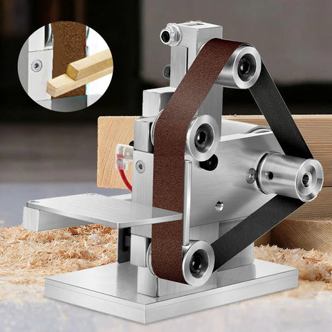 Sturdy Mini Belt Sander With Adjustable Aluminum Worktable And Auto Deviation Correction highlighting the belt mechanism on a wood surface.