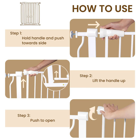 Walk Through Safety Gate For Doorways And Stairs With Auto Close And Hold Open, showing step-by-step use instructions.