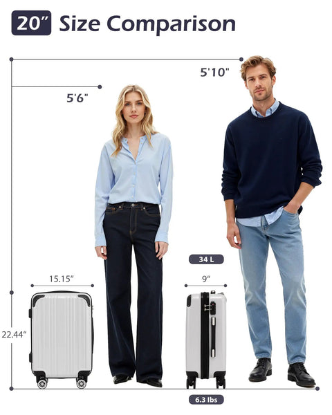 Durable Lightweight Carry On Luggage With PC Plus ABS Hard Shell, Dual Spinner Wheels, TSA Lock, YKK Zipper, White Grid Finish, size comparison.