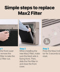 Steps to replace Airmega 250/250S Replacement Filter Set With Max 2 HEPA Filter And Activated Carbon Filter AP-1720-FP displayed.