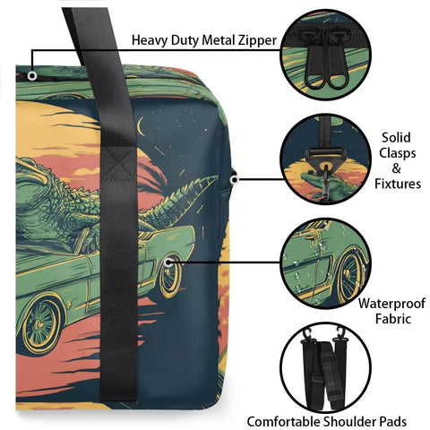 Side view of Alligator Pattern Travel Duffel Bag For Men And Women Waterproof Gym Bag with metal zipper and solid clasps.
