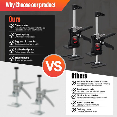 2pcs drywall and furniture lifter tools with black bodies and silver rails, shown in Ours vs Others