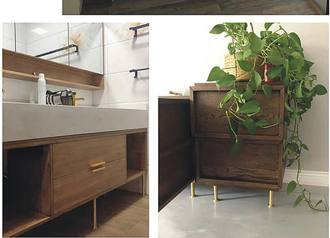 Modern Brass Furniture Legs With Brushed Copper Finish 120mm installed on wood cabinet and vanity
