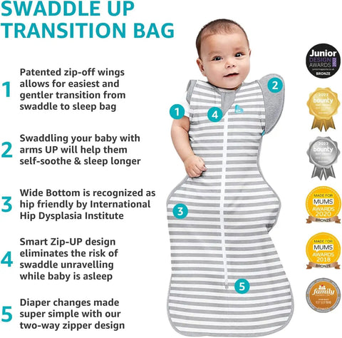 Baby in Swaddle Up Transition Bag With Arms Up Design For Easy Arm Out Sleep, Ultra Breathable Cotton Sleep Sack For Spring And Summer, Twin Zip And Zip Off Wings, 0.2 Tog, Light Weight, You Are My Grey, Medium