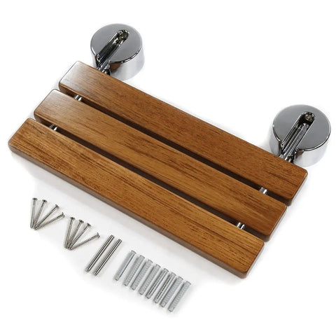 Heavy Duty 20 Inch Teak Wood Folding Shower Seat Wall Mounted Bench With Stainless Steel Frame And Chrome Hardware Fold Up Bath Stool For Small Bathrooms 400 Lb Capacity Clear Coat Finish For Easy Cleaning