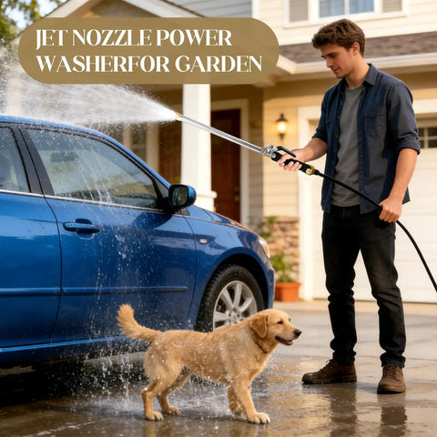 Man using Heavy Duty Garden Power Washer Kit With Quick Connect Wand, Two Nozzles, Flexible Lance for car and pet cleaning