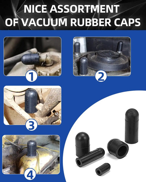 90 Piece Rubber Vacuum Cap Kit With Ten Sizes For Car Hoses And Manifolds Vacuum Plugs And End Caps shown in automotive use