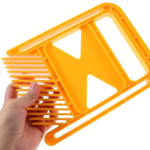Professional Woodworking Safety Guard Kit With Rock Solid Anti Kickback Polycarbonate Shield And Adjustable Featherboards For Table Saw Shop Floor Setup, yellow adjustable featherboard detail.