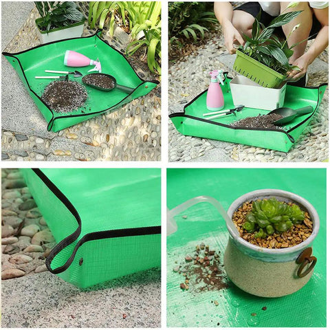 2Pack Plant Repotting Square Mats Foldable 39.3 Inch Garden Transplanting Work Cloth Waterproof Dirty Catcher Tarp in use