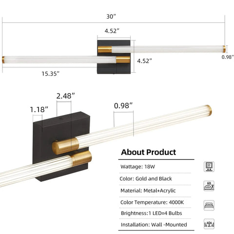 Black And Gold Slick Vanity Lights For Bathroom 30 Inch LED Vanity Lighting Fixtures with Acrylic Striped Shade diagram
