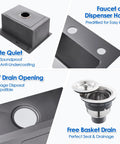 Drop In Bar Sink For Small Kitchens 20 By 16 Inch Single Bowl 9 Inch Deep 304 Stainless Steel Black Wet Bar Prep Sink features with holes and drain assembly