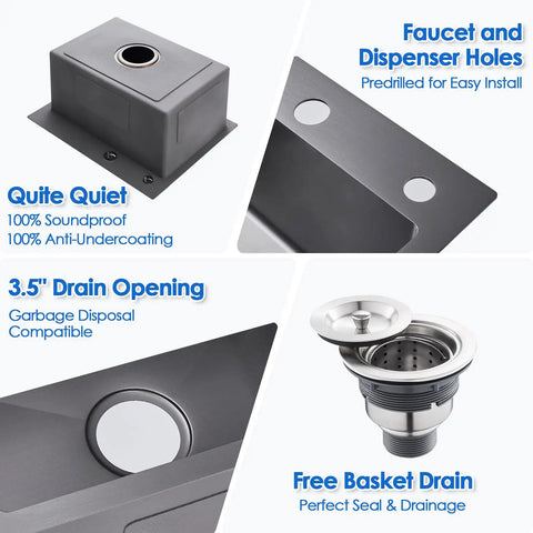 Drop In Bar Sink For Small Kitchens 20 By 16 Inch Single Bowl 9 Inch Deep 304 Stainless Steel Black Wet Bar Prep Sink features with holes and drain assembly
