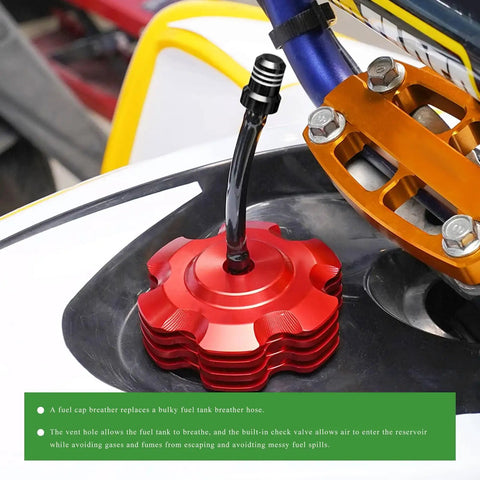 Close-up of a red CNC fuel tank cap with vent tube from Two Pack Aluminum Breather Valve Hose Kit For ATV Dirt Bikes.
