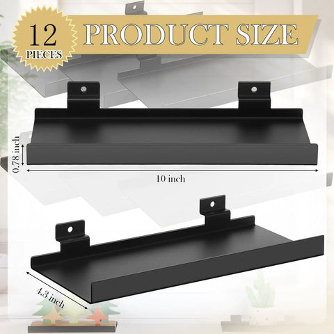 12 Pack Slatwall Shelves 10 By 4.3 Inch Metal Slat Wall Shelf Accessories Heavy Duty Retail Display Panels For Home Organization Boutique Storage And Shoe Store Display shown in product size guide.