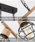 Close-up of Farmhouse Three Light Bamboo Cage Pendant Light With Hemp Rope Accent Black Finish showing chain and hemp-rope details.