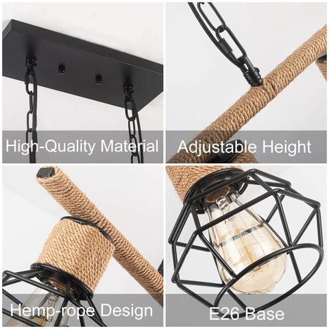 Close-up of Farmhouse Three Light Bamboo Cage Pendant Light With Hemp Rope Accent Black Finish showing chain and hemp-rope details.