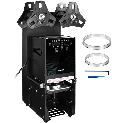 No Fuss Fully Automatic Cup Sealer Pumping Six Hundred Cups Hour With Digital Control Panel with black exterior and sealing rings for boba shops.