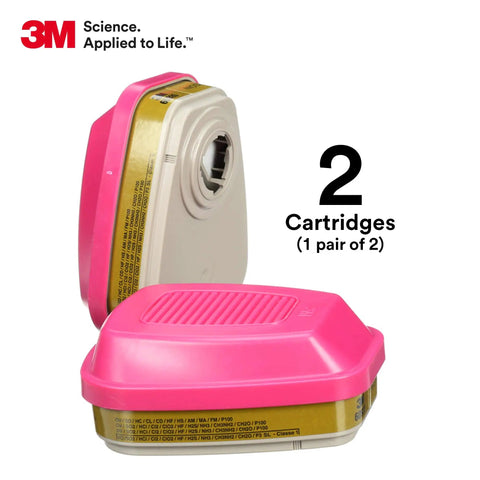 P100 Respirator Cartridge 60926 Pair NIOSH Approved for Organic Vapors with pink casing shown front and rear view