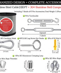 One Eighth Inch Stainless Steel Wire Rope Cable 100 Feet With M5 Turnbuckle And Hardware Kit product components displayed