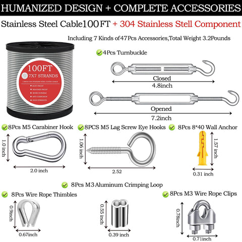 One Eighth Inch Stainless Steel Wire Rope Cable 100 Feet With M5 Turnbuckle And Hardware Kit product components displayed