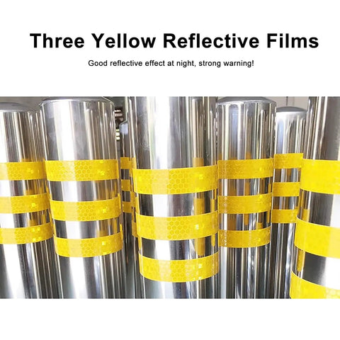 Tough As Nails Traffic Safety Bollard Post with bright yellow reflective tape on stainless steel surface for visibility.
