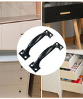 Collage of two 4 Pack Black Antique Gate Pull Handles 4 Inch Curved Metal Door Pulls For Cabinets Furniture Kitchen Drawers Dresser And Barn Doors With Screws Vintage Style Hardware Smooth Finish And Easy Mounting For A Classic Rustic Look, shown with various furniture applications.