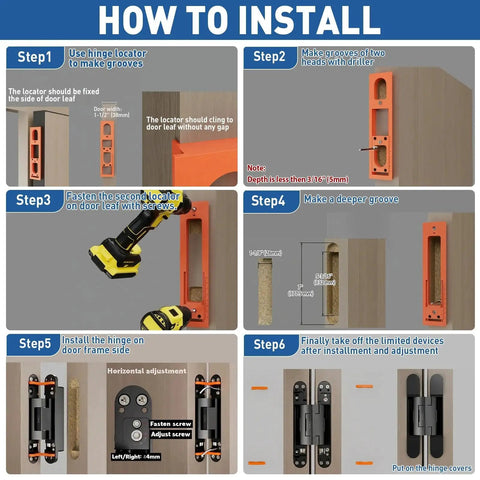 Instruction steps for installing 7 Inch Heavy Duty Self Closing Hidden Door Hinge With Adjustable Speed Control No Slam Soft Close