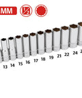 Beefy 12-Piece One Half Inch Drive Metric Deep Socket Set With 12mm To 27mm 6-Point Chrome Vanadium Steel Mirror-Polished Finish