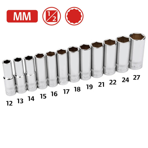 Beefy 12-Piece One Half Inch Drive Metric Deep Socket Set With 12mm To 27mm 6-Point Chrome Vanadium Steel Mirror-Polished Finish