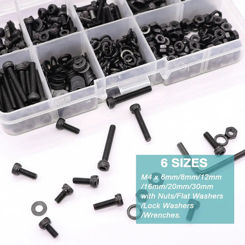 380 Piece M4 Hex Socket Head Screws Kit With Nuts Washers And Wrench M4 Bolts Range 6 8 12 16 20 30mm 12.9 Grade Alloy Steel