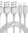 Three 10ft nylon braided USB-A to Lightning charging cables with silver metal connectors for iPhone/iPad.
