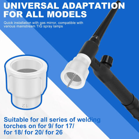 Solid 4 Pc Kit Of White Ceramic #12 TIG Cups With 1/8' Diffuser Mesh For WP TIG Torches shown with a compatible torch handle.