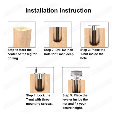 Heavy Duty Adjustable Furniture Leveling Feet 4 Pack For Tables Chairs Cabinets And Sofas Up To 1320 Lbs Load Capacity Easy Leveling Floor Safe And Quiet One Color installation steps with T-nut drill hole