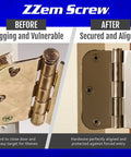 Before and after image of door hinge repair using Heavy Duty 8 Pack Permanent Stripped Screw Hole Repair Kit For Door Hinges Piece Of Cake.