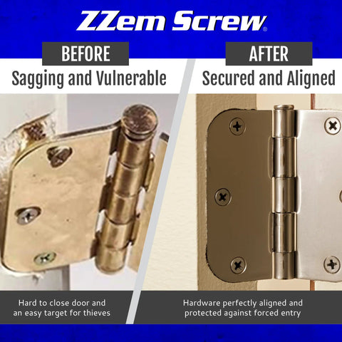 Comparison of door hinge before and after using 4 Pack Permanent Stripped Door Hinge Repair Kit With Heavy Duty Screws And Anchors For Quick Fixes