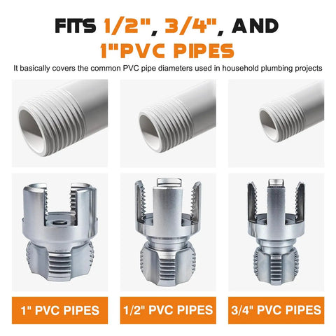 Heavy Duty PVC Pipe Threader Kit For Drill Six One Internal External Threading Tool With 1/2 Inch 3/4 Inch 1 Inch Dies on various PVC pipes.