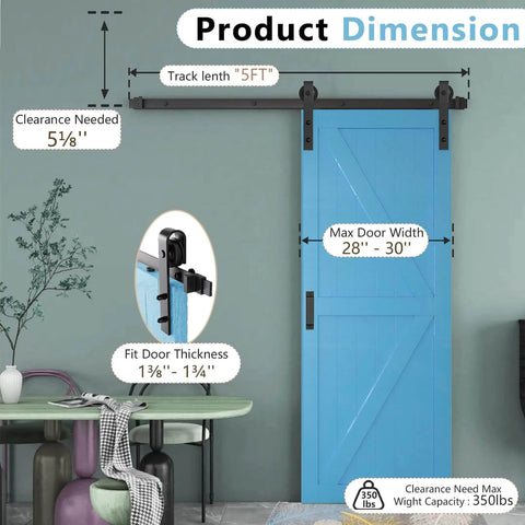 Heavy Duty Sliding Barn Door Kit With Five Foot Track Built To Last 350 Lb Capacity for Doors From One and Three Eighths Inches to One and Three