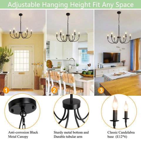 Six Light Farmhouse Chandelier Black Iron Finish Dope Dining Room Lighting Fixture With Classic Candle Style